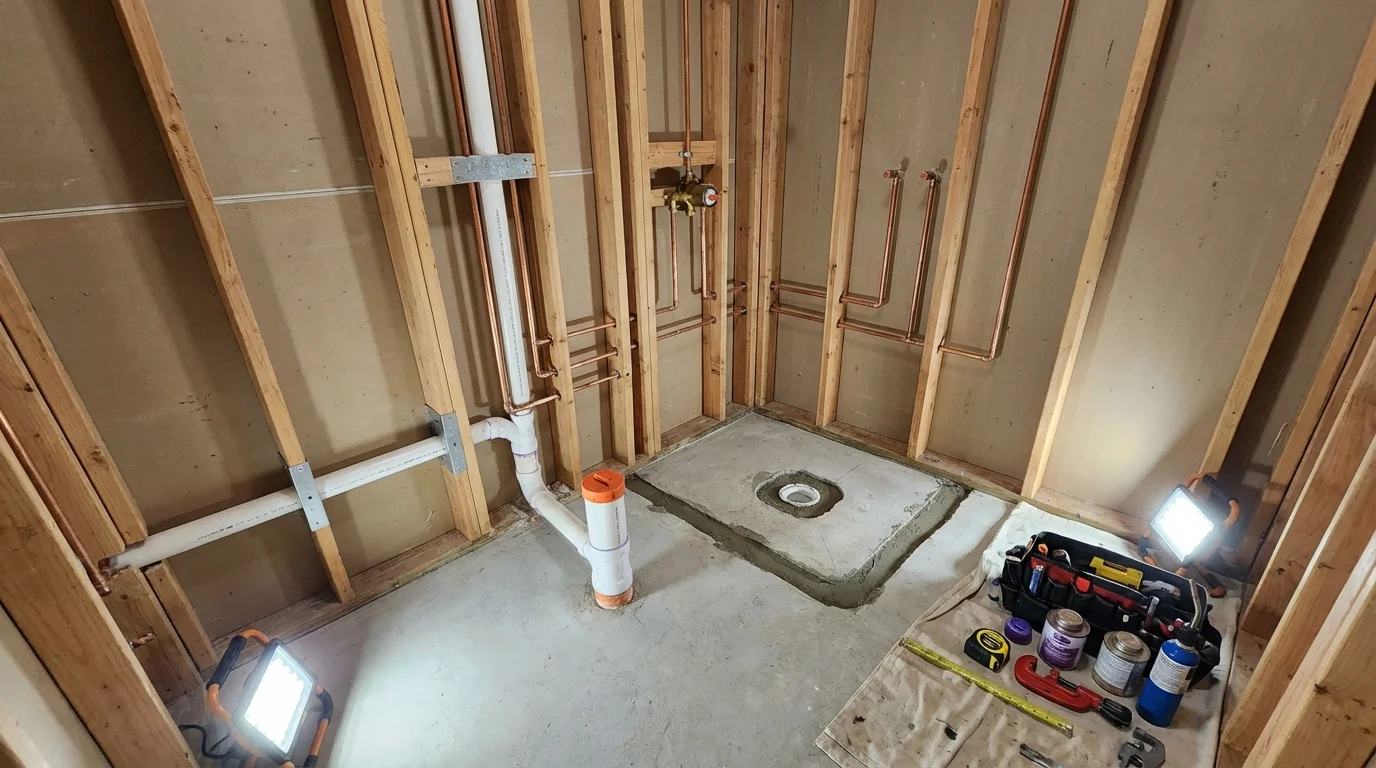 Bathroom rough-in plumbing during remodel by Johns Plumbing LLC in Rock Falls