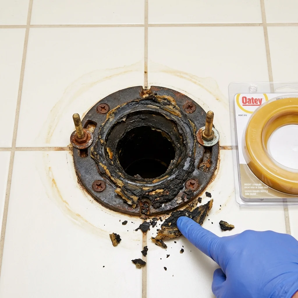 Failed wax ring showing water seepage at the base of a toilet in a Rock Falls, IL home