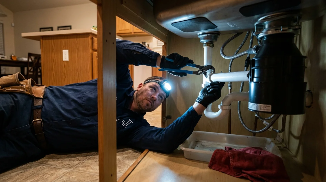 P-trap and supply line connections under a kitchen sink showing a common leak point in Rock Falls, IL